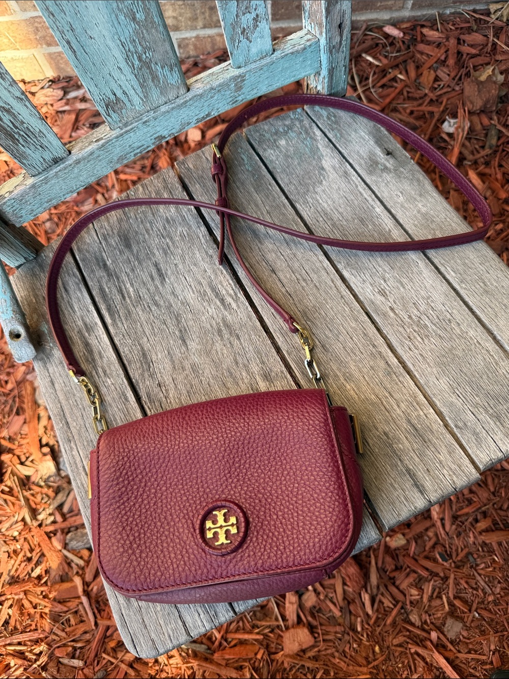 Tory Burch Wine Pebbled Leather Crossbody with Gold Logo